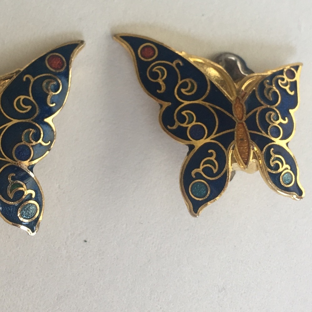 Vintage cloisonné butterfly clip earrings - Picture 1 of 2
